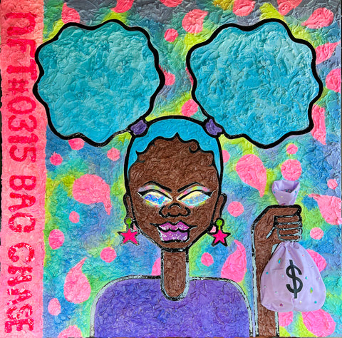 A heavily textured painting of a cartoon black girl in a purple shirt holding a 3 dimensional bag with a money sign on it to her left. She has two oversized blue afro puffs of either side of her head. She is in front of a green blue and purple gradient background with light pink paisley pattern on top. To the left of the painting there is a solid pink vertical bar that say NFT #0315 Bag Chase. The girl has iridescent eyes glazed over with resin to look like glass. 
